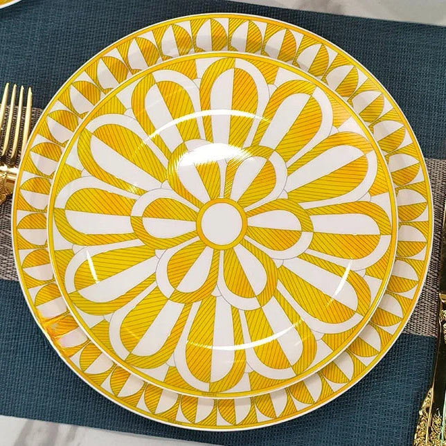 European Style Bone China Tableware Set – Sunshine Geometric Steak Plate & Cup Gift Set for Elegant Dining