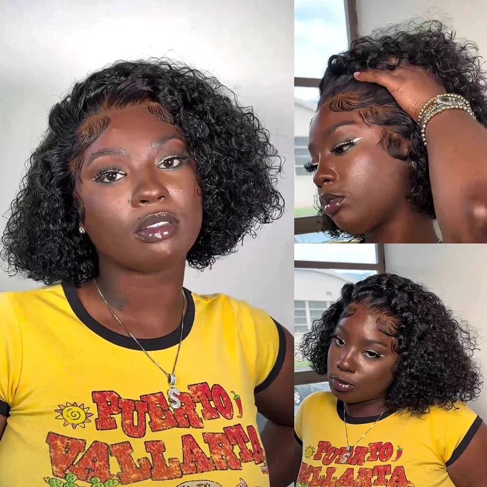 200 Density Short Curly Bob Deep Water Wave Wigs 100% Human Hair 13x4 Transparent Lace Frontal Wig 4x4 Lace Front Wig 14 16 Inch