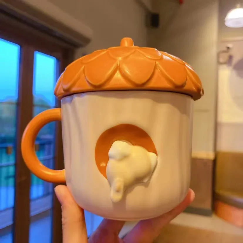 Autumn Forest Animal Ceramic Mug with Lid – Cute Fox, Rabbit & Squirrel Cup