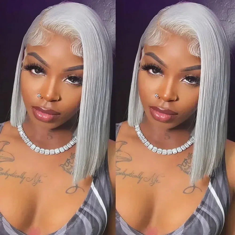 Silver Grey Bob Wig | 13x6 Lace Front Human Hair Wig | Straight Brazilian Remy Hair | 200% 250% Density
