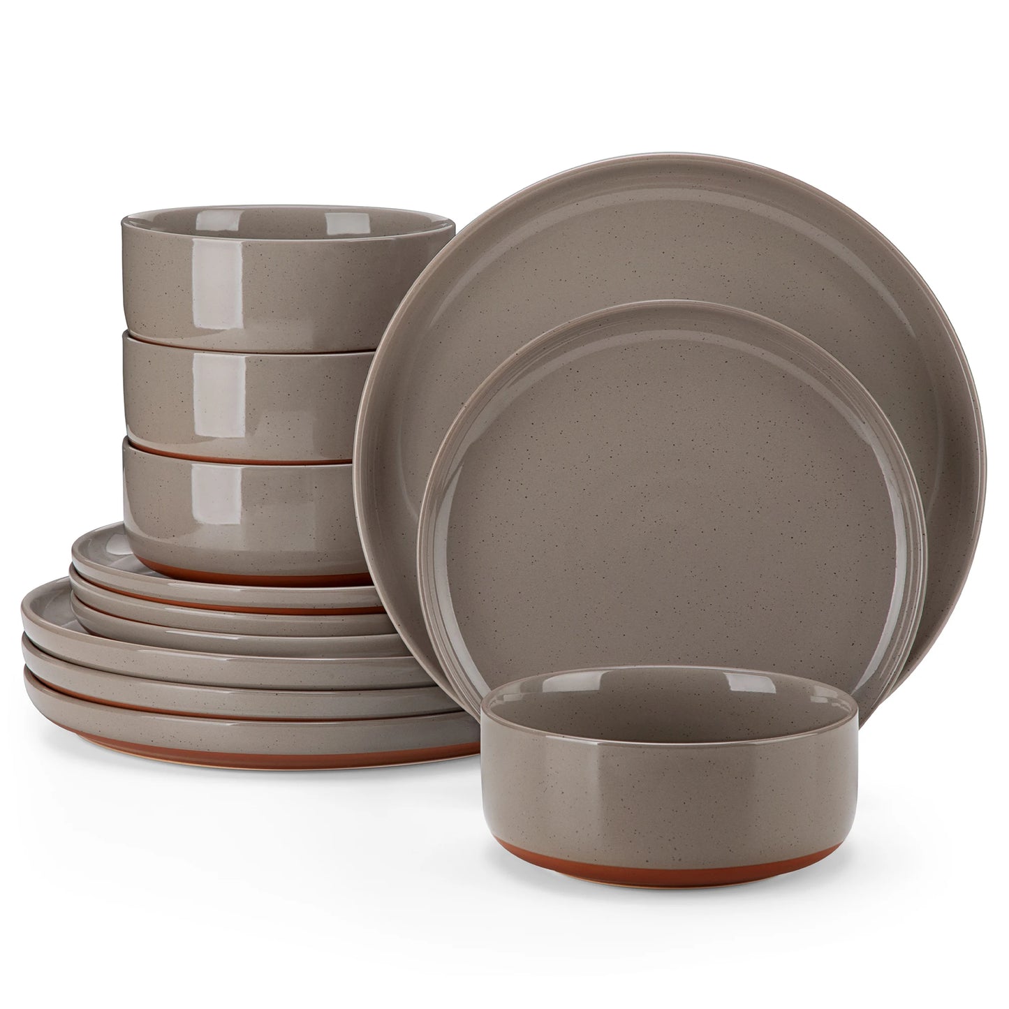 MALACASA TARA 12/24-Piece Stoneware Dinnerware Set – Curved Edge Sesame Glaze Plates & Bowls for 4/6 Person Dining
