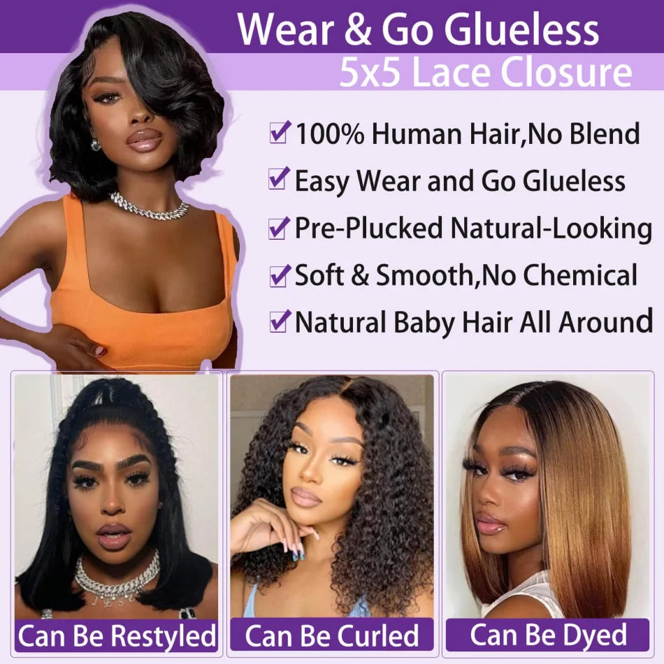 Frolo Bob Wig 5x5 HD Lace Closure Short Glueless Body Wave Human Hair Wig (220 Density, Brazilian Remy, 8–16 Inch)