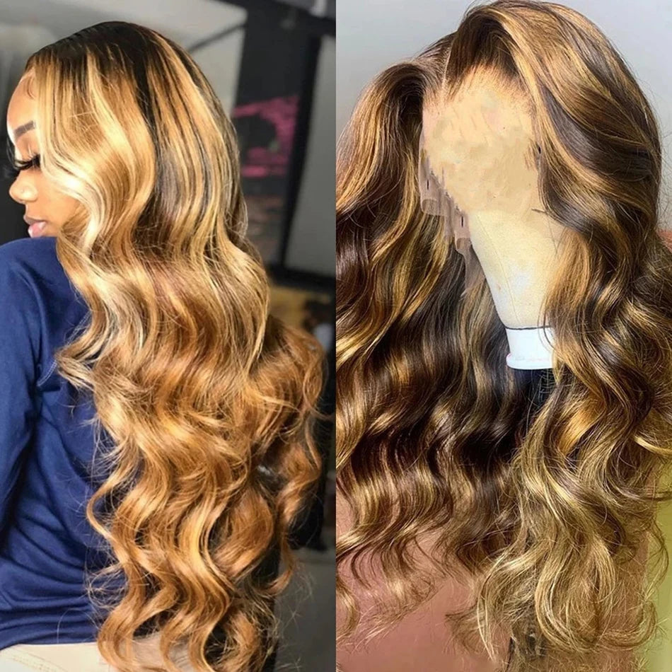Honey Blonde Highlight Body Wave Wig – 13x6 HD Lace Frontal & 4x4/5x5 Closure, 100% Brazilian Human Hair (26"+)