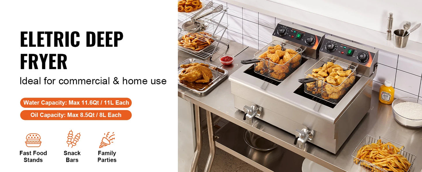 SucceBuy Dual Tank Electric Deep Fryer — Twin Basket 9.1 Qt Each Tank, Fast Heating, 220V Stainless Steel