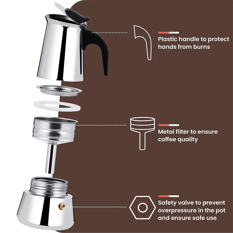 Stainless Steel Moka Pot Espresso Maker (2/4/6/9 Cups) — Classic Italian Coffee Brewing for Home & Travel