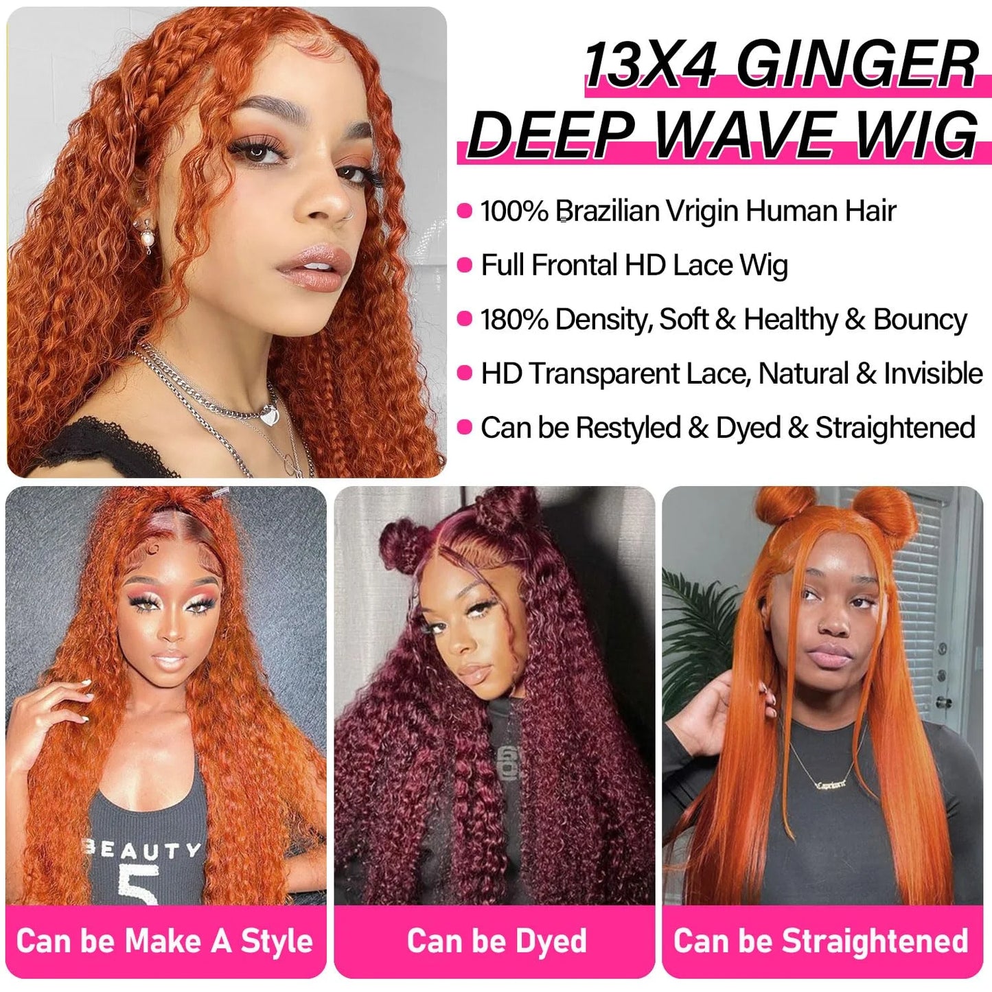 250% Density Ginger Orange Curly HD Transparent Lace Front Human Hair Wig (13x6 / 13x4, Brazilian Remy, 26”+)