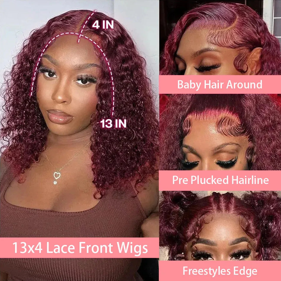 99J Burgundy Short Deep Wave Wig – 13x4 HD Lace Front, Glueless Brazilian Human Hair (14 Inch)