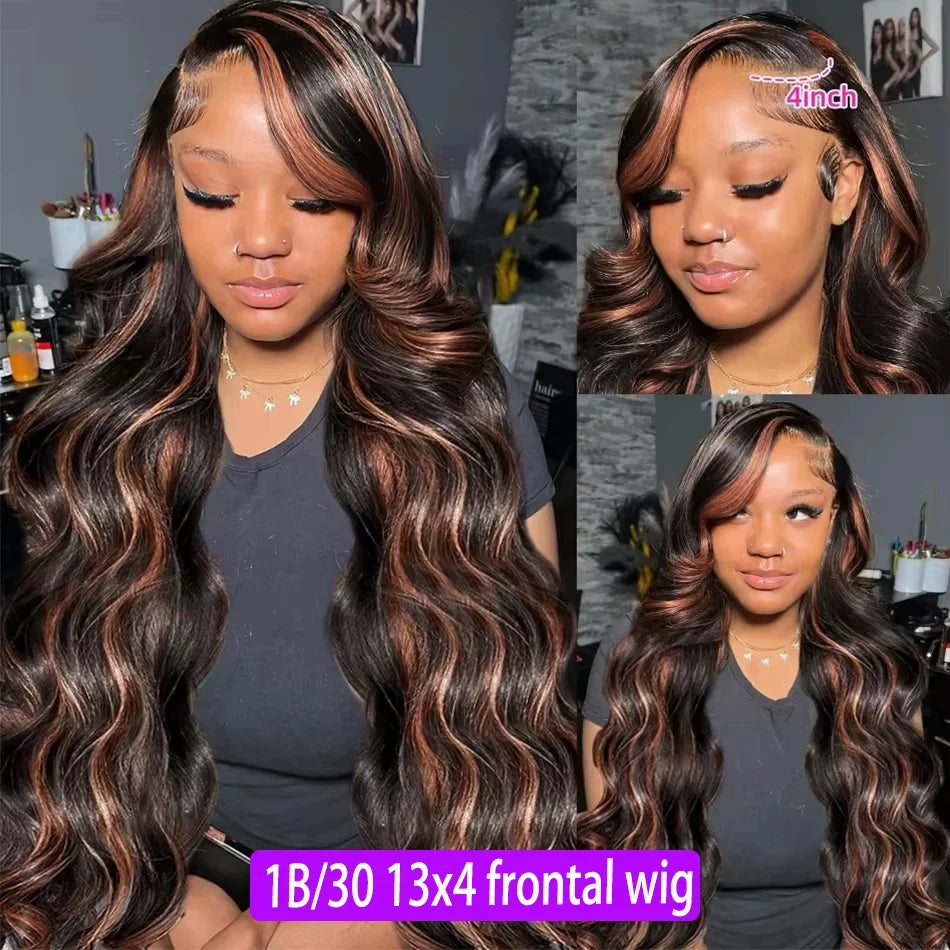 1B/30 Black Brown Body Wave 13x6 HD Lace Front Human Hair Wig (P427 Highlight Ombre, Remy Brazilian Hair)