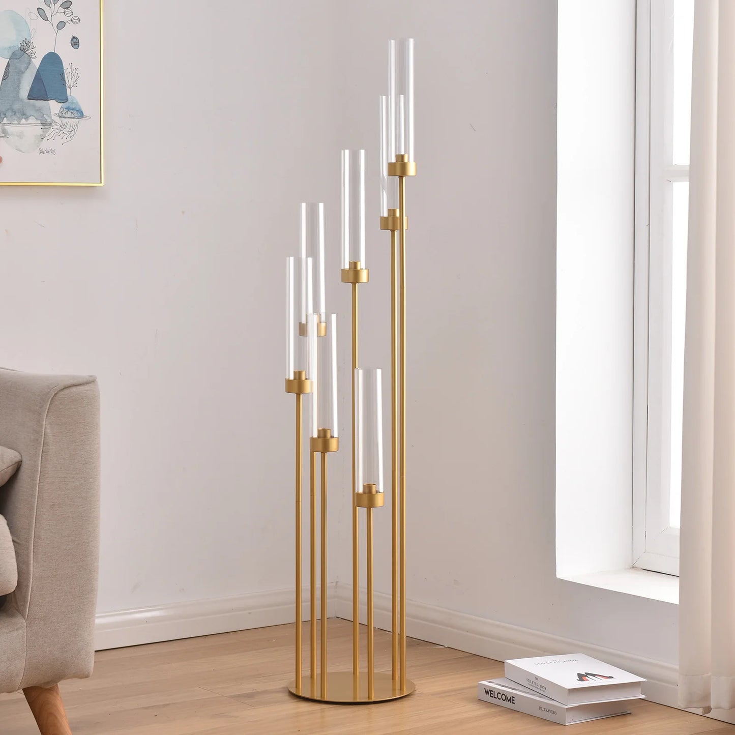 4 Sets 7-Arms Gold Floor Candelabra – 48” Tall Metal Candle Holders with Acrylic Lampshades for Wedding & Home Décor