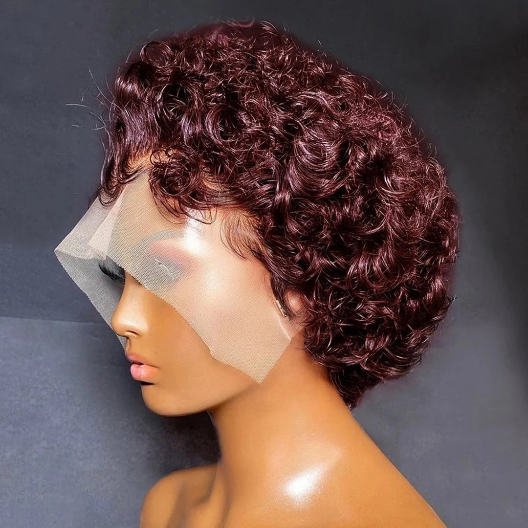 99J Burgundy Highlight Short Curly Pixie Cut Human Hair Lace Front Wig – Pre-Plucked 13×2 Bob Style