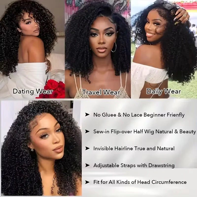 3-in-1 Drawstring Glueless Half Wig (Flip-Over Part) | 100% Remy Human Hair | Deep Wave Water Curly 18–24"