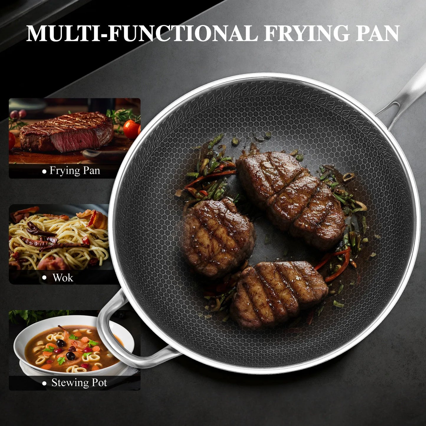 13-Inch Hybrid Stainless Steel Wok with Lid – PFOA-Free Nonstick Cookware