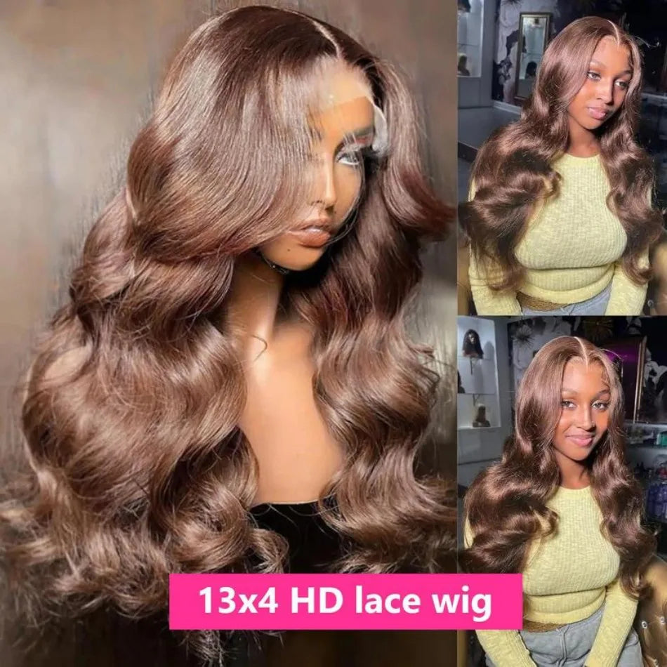 Chocolate Brown 13x6 HD Lace Frontal Body Wave Human Hair Wig (30", Pre-Plucked, Free Parting)