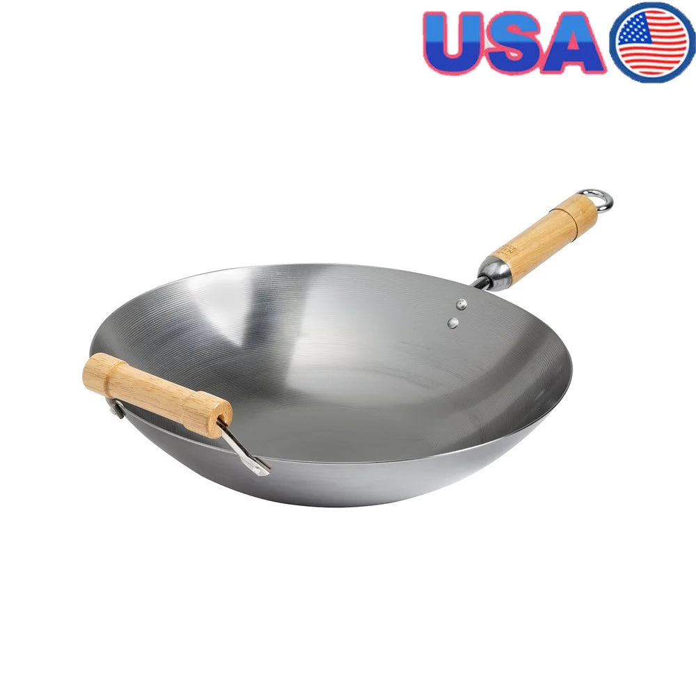 14-Inch Carbon Steel Wok – Round Bottom, Birch Handles, Induction Safe