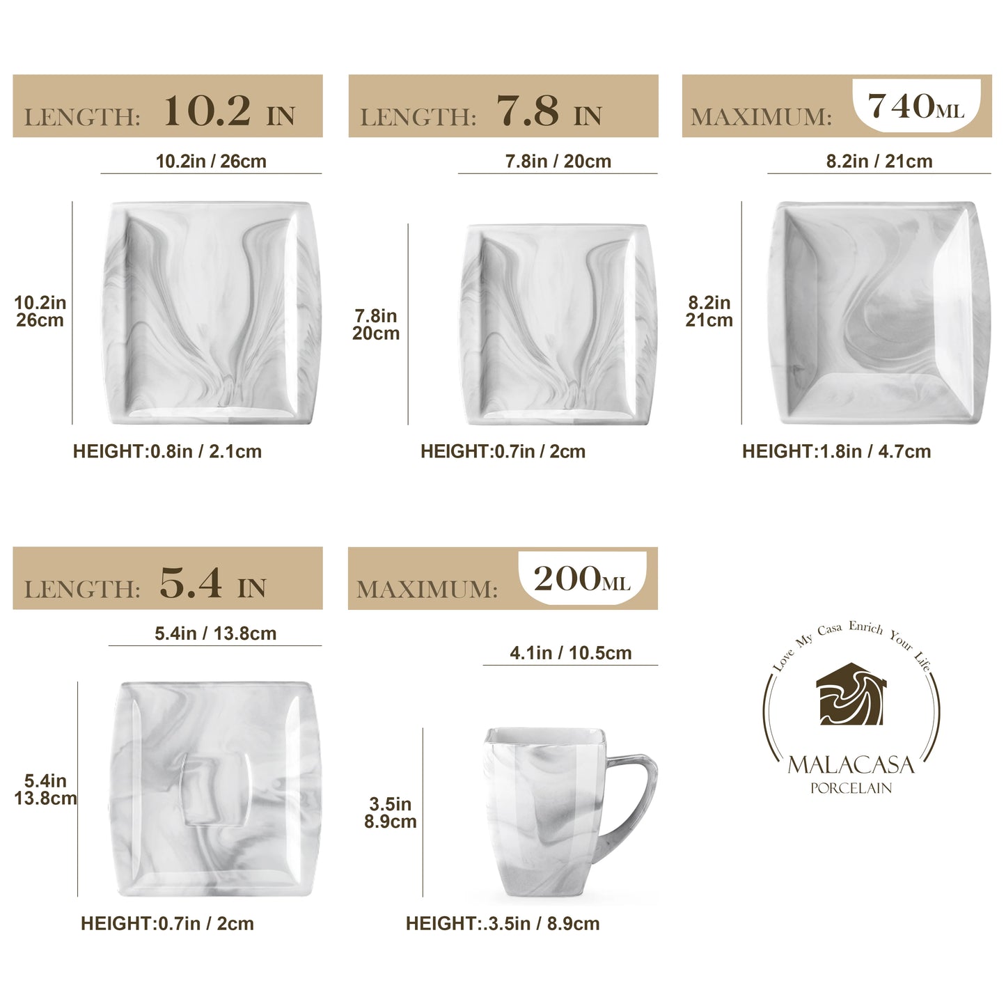 MALACASA 30/60-Piece Marble Grey Porcelain Dinnerware Set | Modern Tableware for 6–12 Persons with Plates, Cups & Saucers