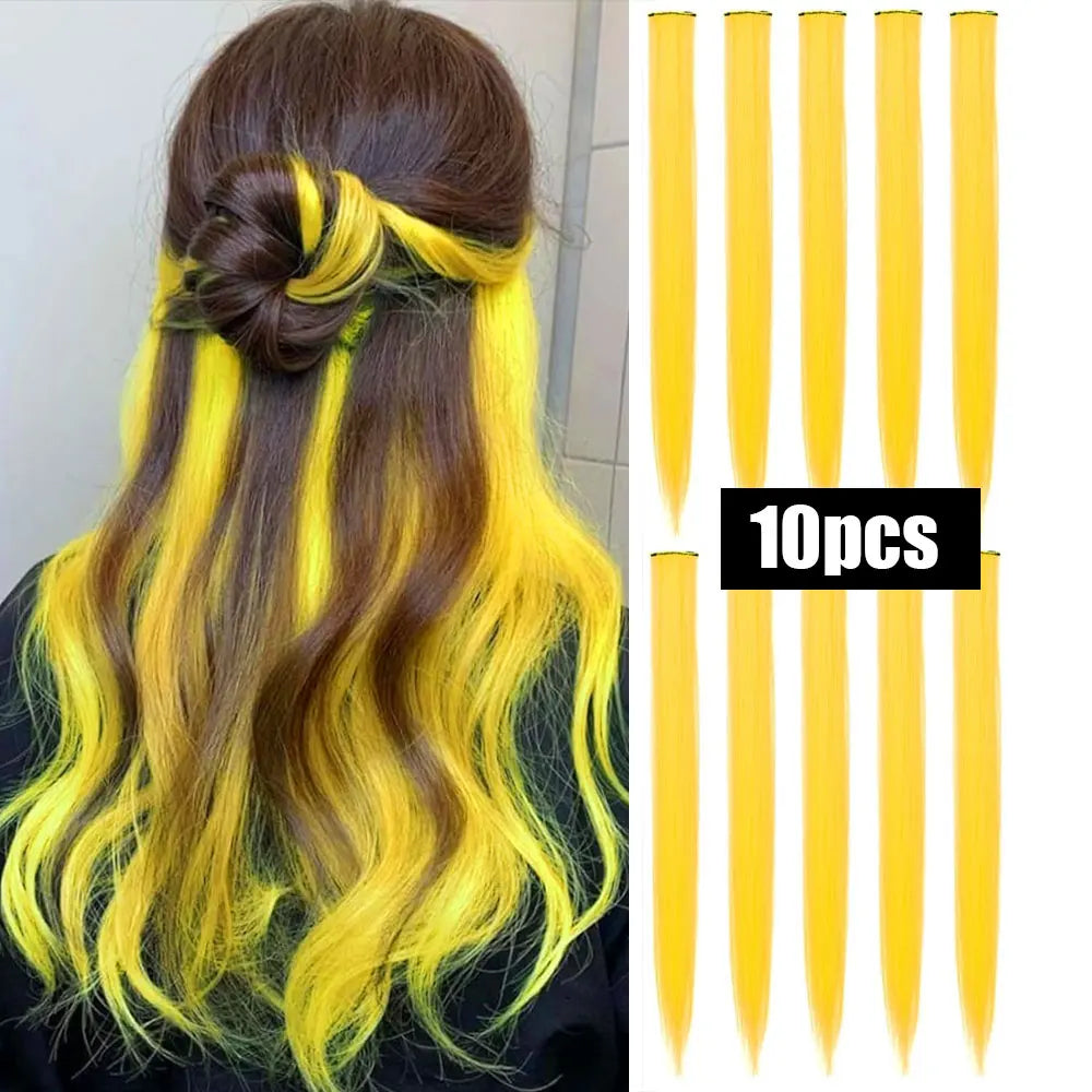 Colored Highlight Clip-In Hair Extensions | Synthetic Straight | 10pcs | Multi-Color | Party & Cosplay