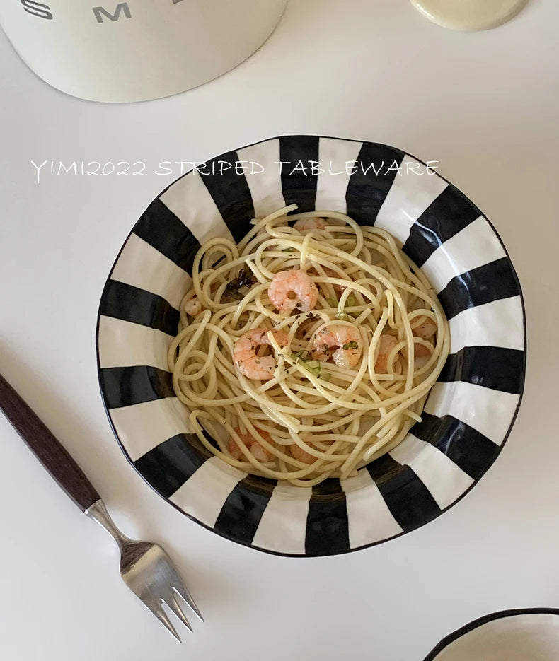 Ins Style Striped Ceramic Bowl – Handcrafted Black & White Tableware for Breakfast, Noodles, Fruits & Desserts