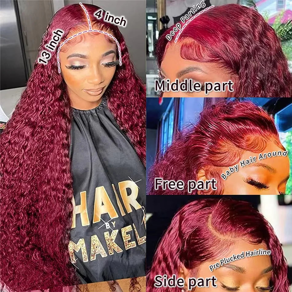 99J Burgundy Deep Wave HD Lace Front Wig – 13x6 & 13x4 Human Hair Frontal, Long Curly Red Wig