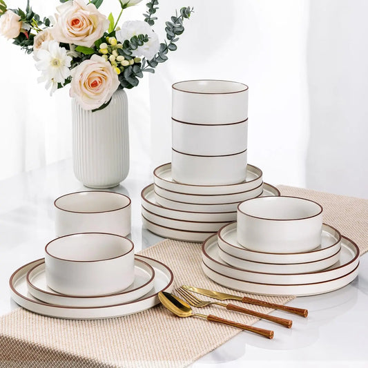 LeRatio 24-Piece Ceramic Dinnerware Set for 6 | High-Edge Stoneware Plates & Bowls, Oven & Dishwasher Safe