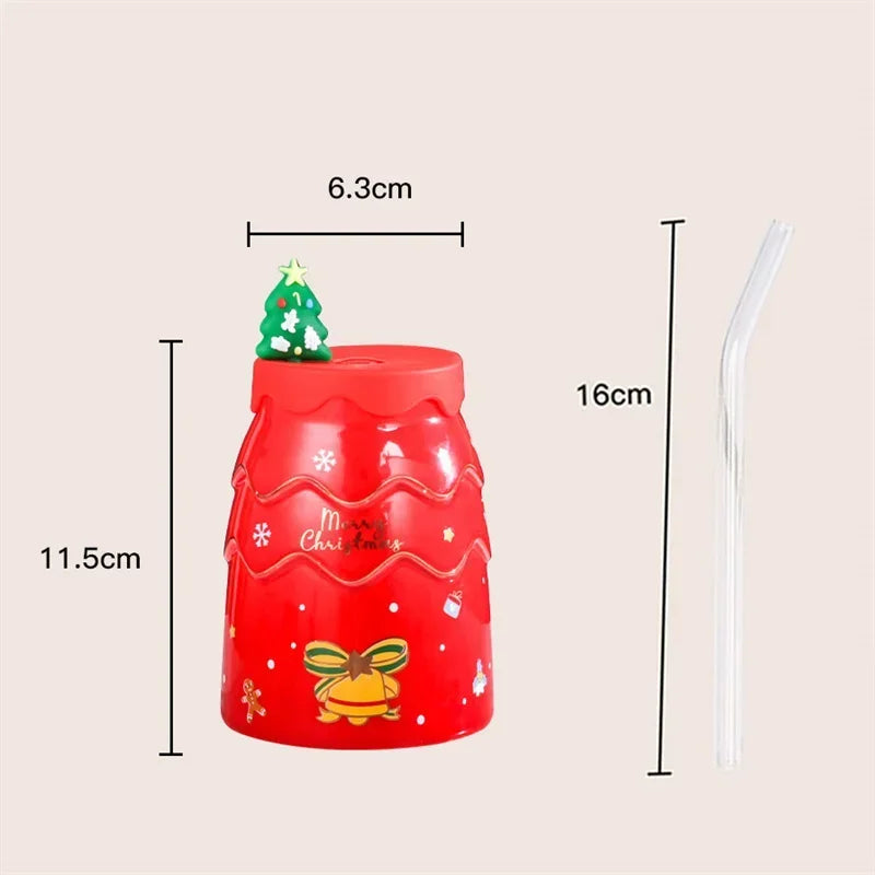 🎅 Christmas Ceramic Mug with Lid & Straw – Santa, Snowman & Tree Design Gift Cup