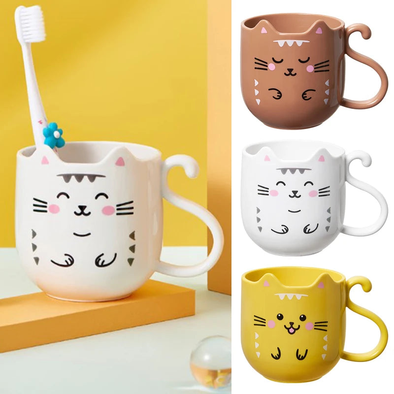 Cute Cat Mouthwash & Toothbrush Cup – Cartoon Plastic Mug for Home & Travel