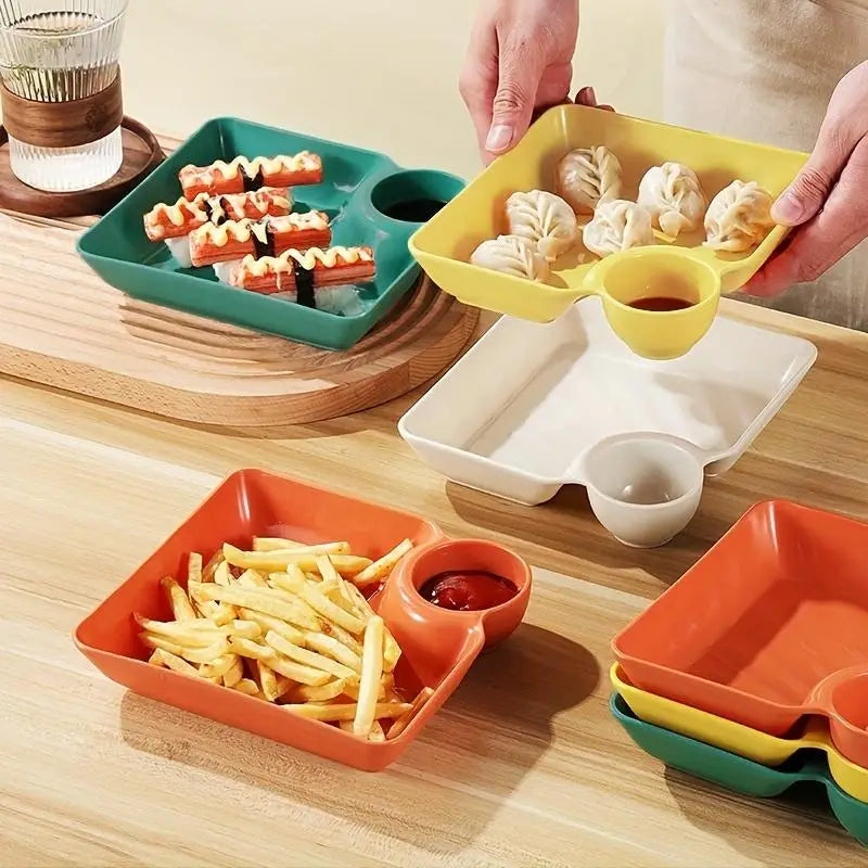 Plastic Serving Plate with Sauce Holder – Square Snack Tray for Dumplings, Fries & Party Food