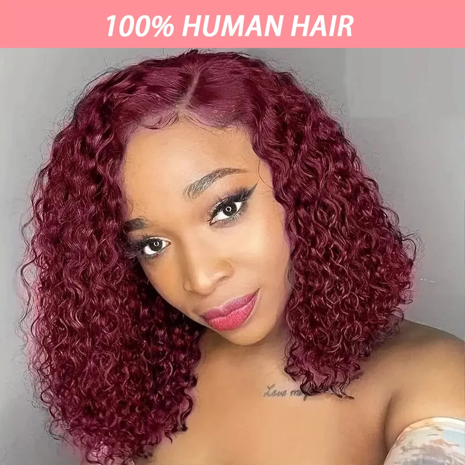 99J Burgundy Short Deep Wave Wig – 13x4 HD Lace Front, Glueless Brazilian Human Hair (14 Inch)