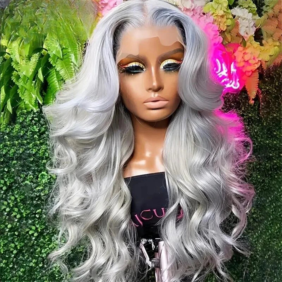 Transparent 13x6 Silver Grey Body Wave Human Hair Lace Front Wig – Pre-Plucked, 250–300% Density, Long Remy Brazilian Hair