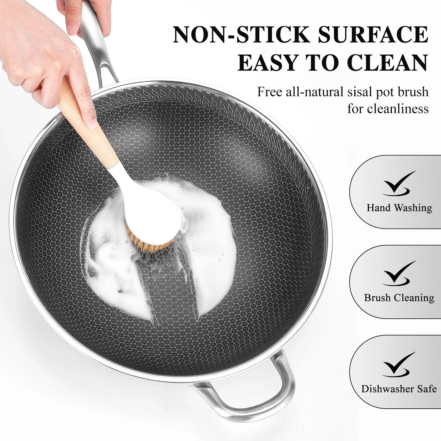 13-Inch Hybrid Stainless Steel Wok with Lid – PFOA-Free Nonstick Cookware