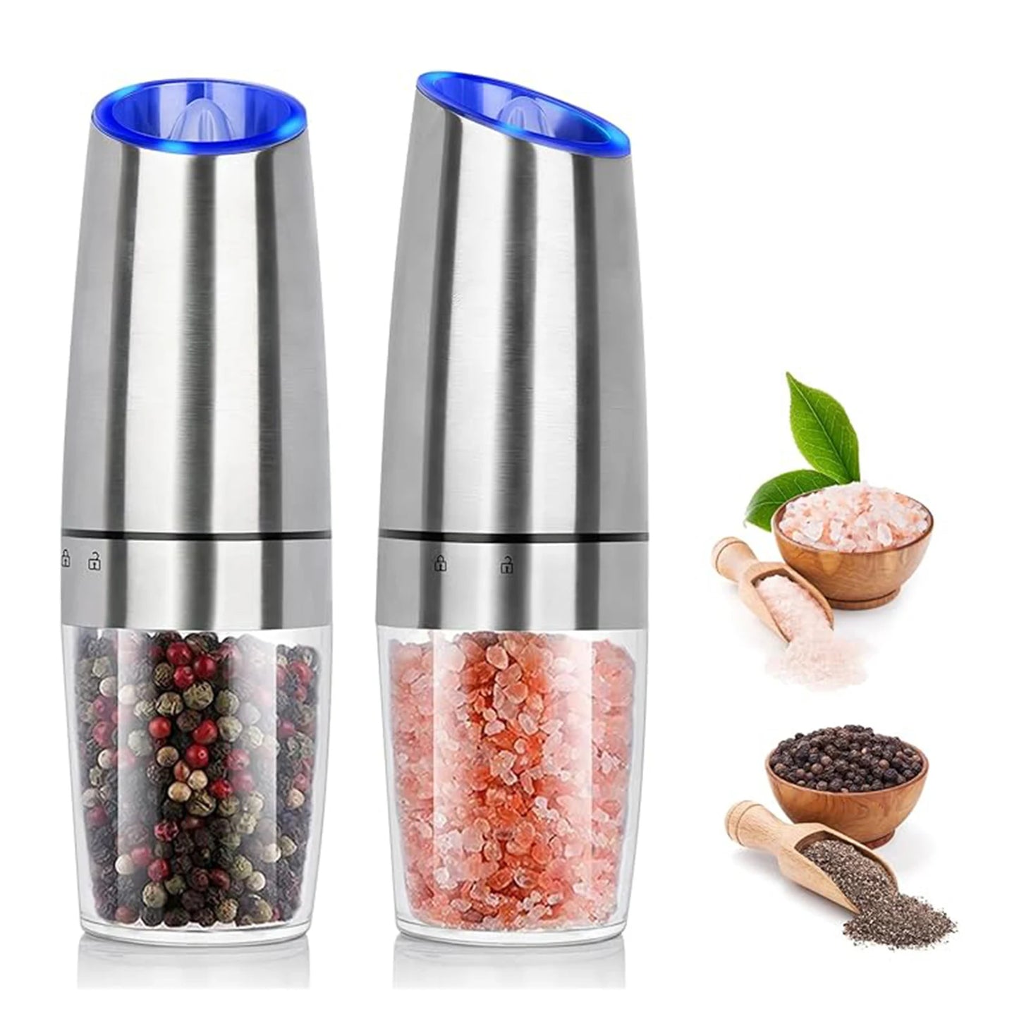 1pc/2pcs, Gravity Electric Salt And Pepper Grinder - Salt & Pepper Mill Sets With LED Light, One Hand Automatic Operation, Adjus