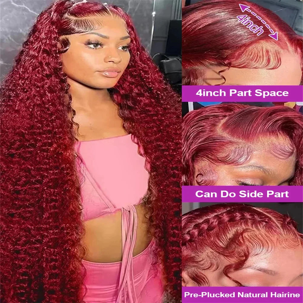 99J Burgundy Deep Wave Lace Frontal Human Hair Wig – 30 Inch HD Transparent Lace