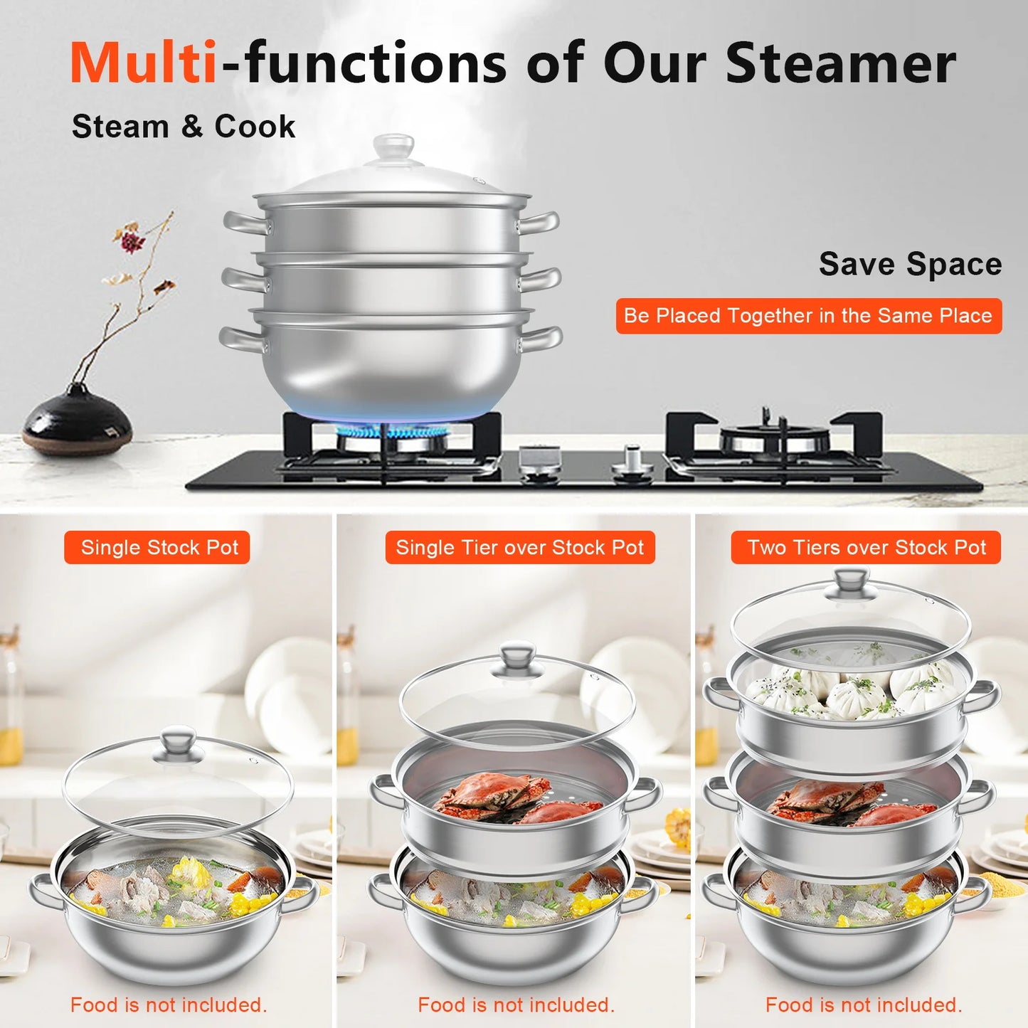 28CM 3-Tier Stainless Steel Food Steamer – Multi-Function Cooking Pot for Kitchen