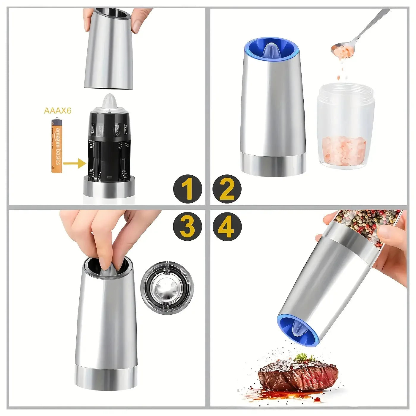 2-Piece Automatic Electric Seasoning Grinder Set – Adjustable Coarseness, Battery Powered