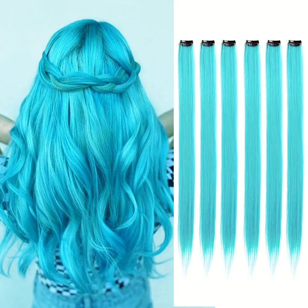 Colored Party Highlight Clip-In Hair Extensions | Synthetic Straight | 6pcs 70g | 22 Inch | Multi-Color