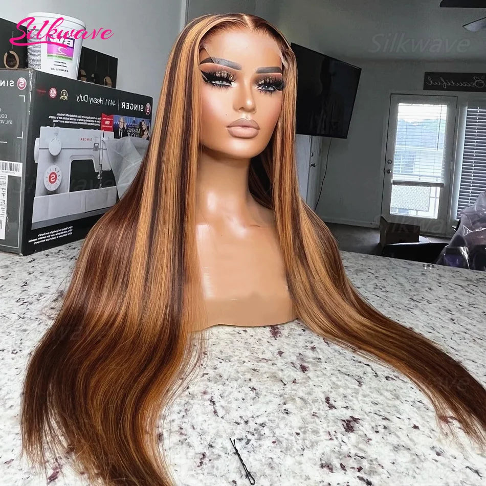 Silkwave 13x4 & 13x6 Highlight Straight Human Hair Lace Front Wig – Brown Blonde 4/27 Pre-Plucked Brazilian Remy