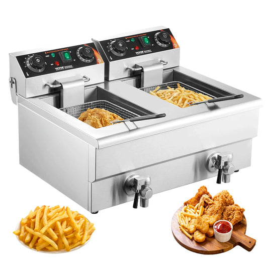 SucceBuy Dual Tank Electric Deep Fryer — Twin Basket 9.1 Qt Each Tank, Fast Heating, 220V Stainless Steel