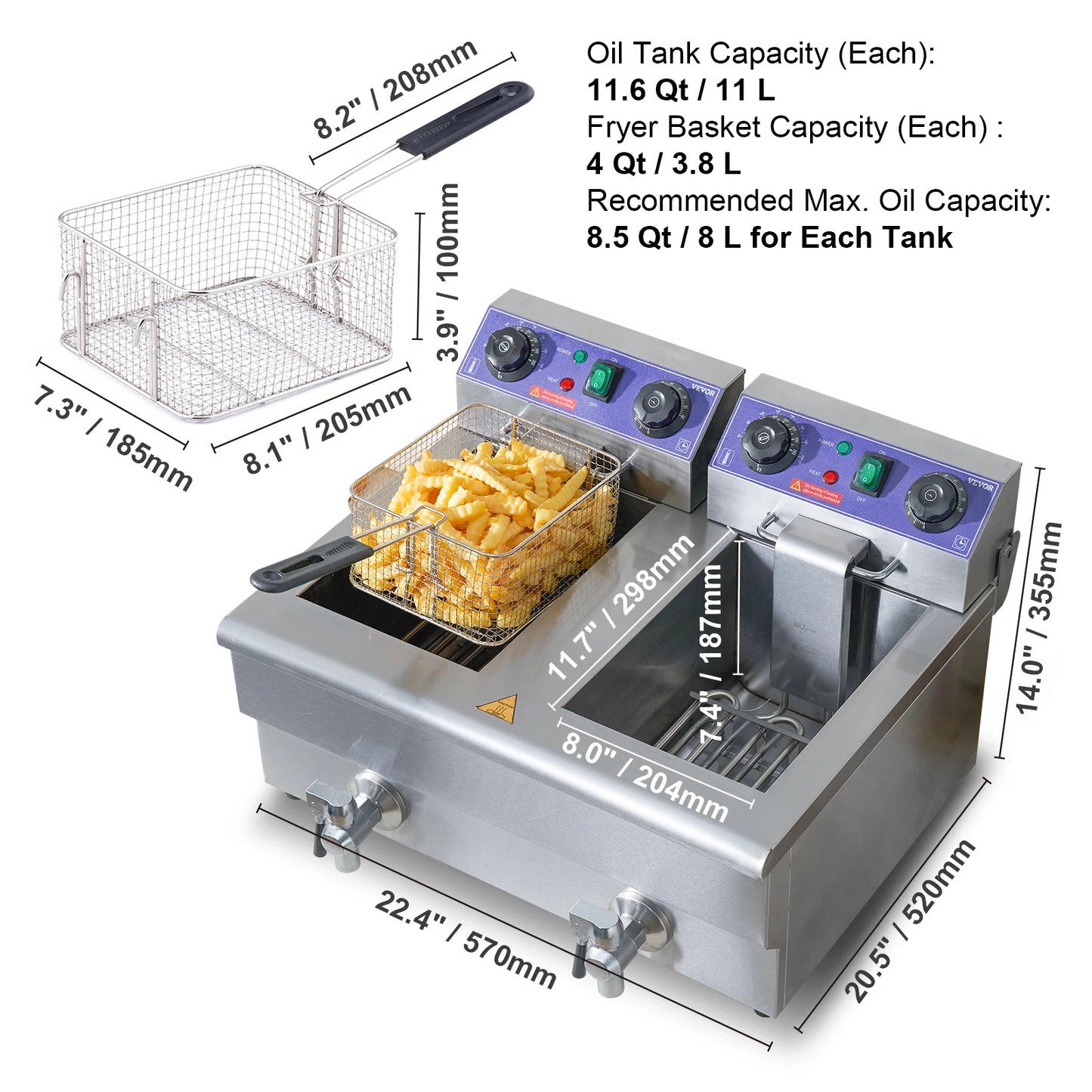 SucceBuy Dual Tank Electric Deep Fryer — Twin Basket 9.1 Qt Each Tank, Fast Heating, 220V Stainless Steel