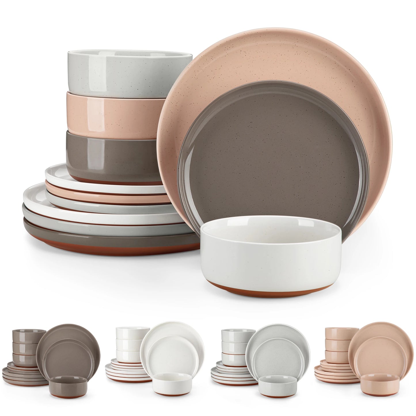 MALACASA TARA 12/24-Piece Stoneware Dinnerware Set – Curved Edge Sesame Glaze Plates & Bowls for 4/6 Person Dining