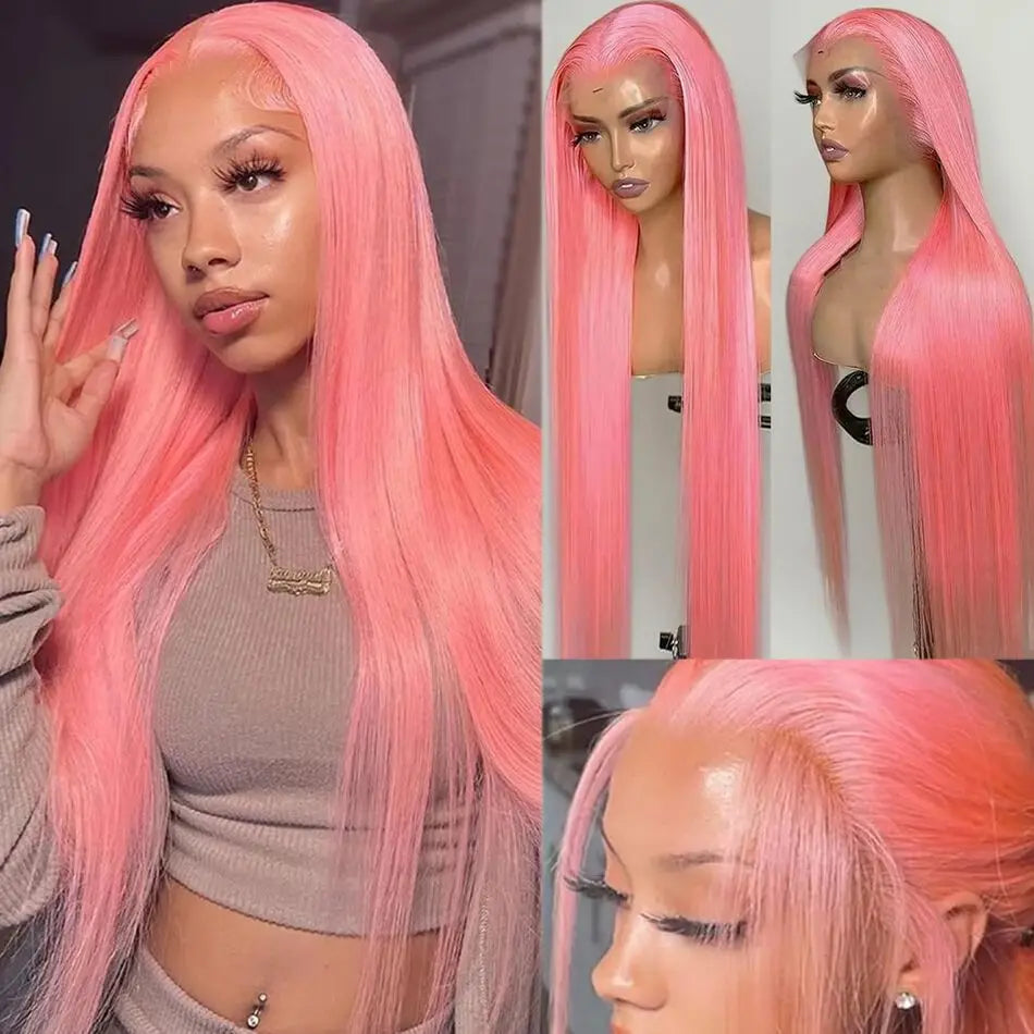 Pink Straight HD Lace Front Human Hair Wig 250% Density – 30 Inch
