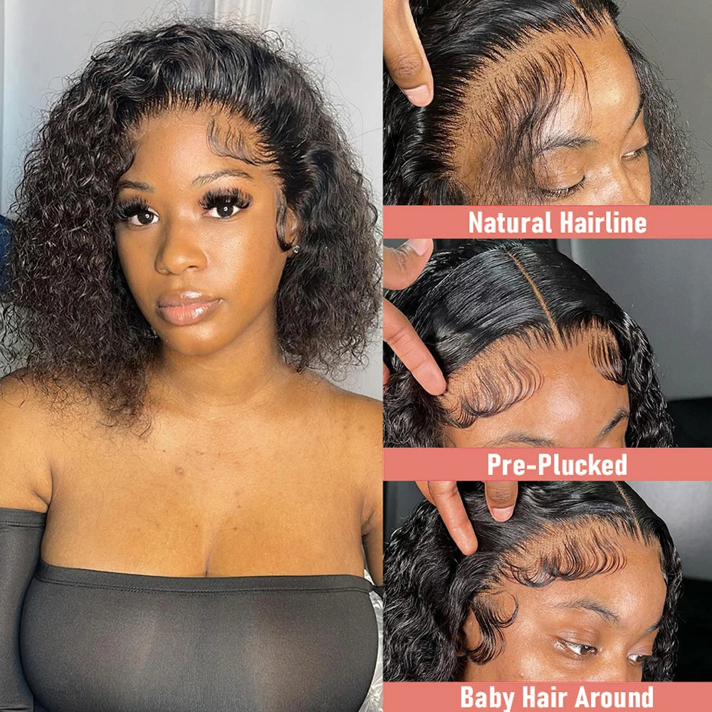 Deep Water Wave Curly Bob Human Hair Wig – 13x6 Transparent Lace Frontal, Glueless (7x5), 250% Density (12–14 Inch)