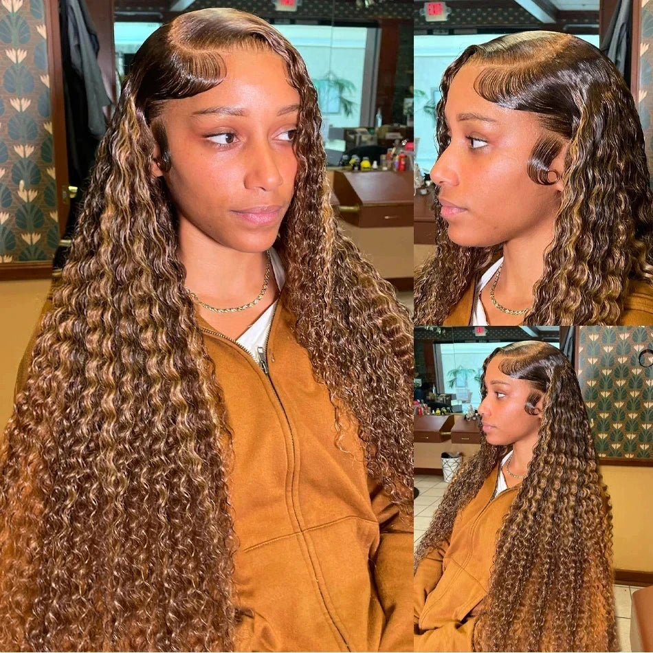 Finros Honey Blonde Highlight Deep Wave Lace Front Wig (30–36") | 13x4 / 13x6 HD Transparent Lace | Brazilian Remy Human Hair