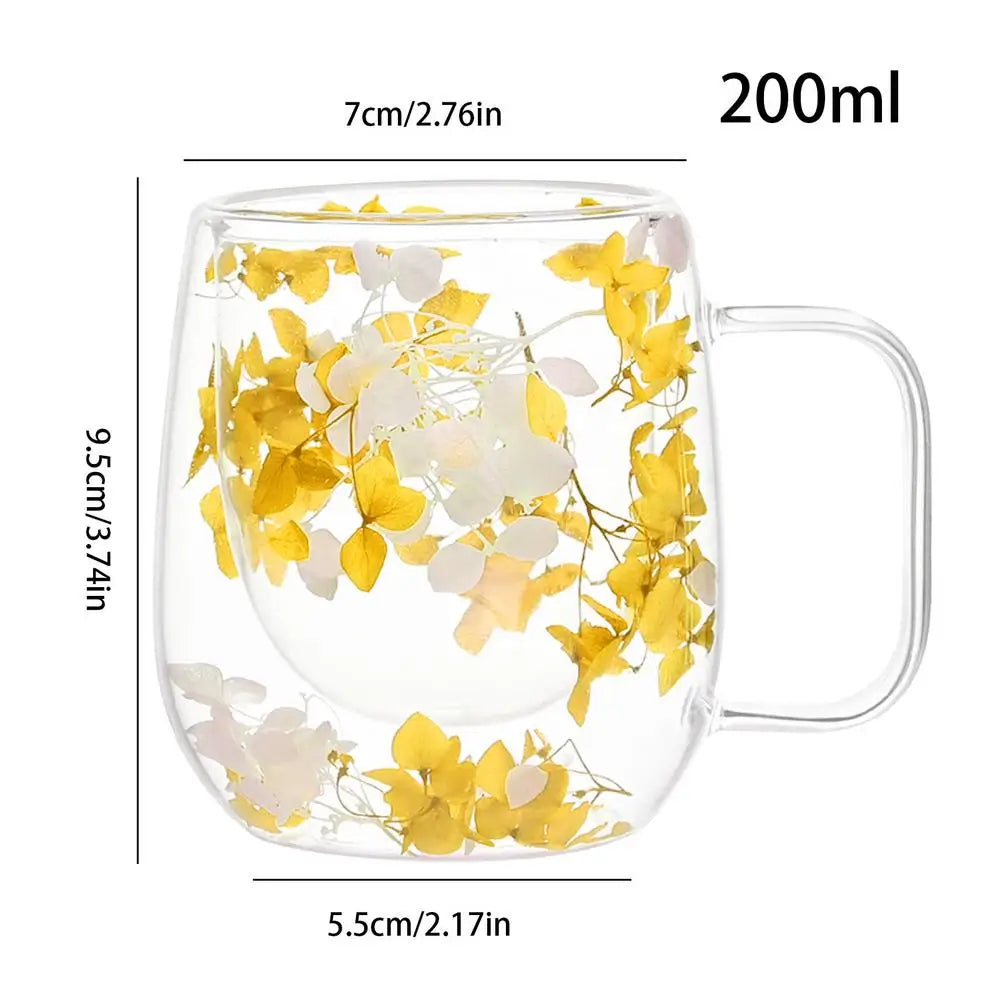 🌸 Double Wall Glass Cup 200ml – Clear Dried Flower Coffee & Tea Mug with Handle