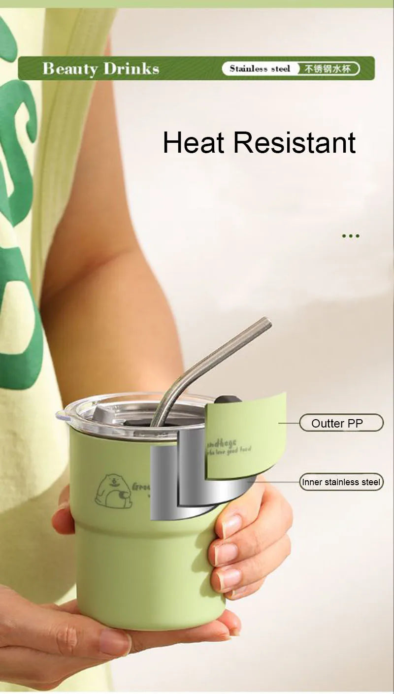 300ml Stainless Steel Tumbler with Straw & Lid – Portable Coffee Travel Mug