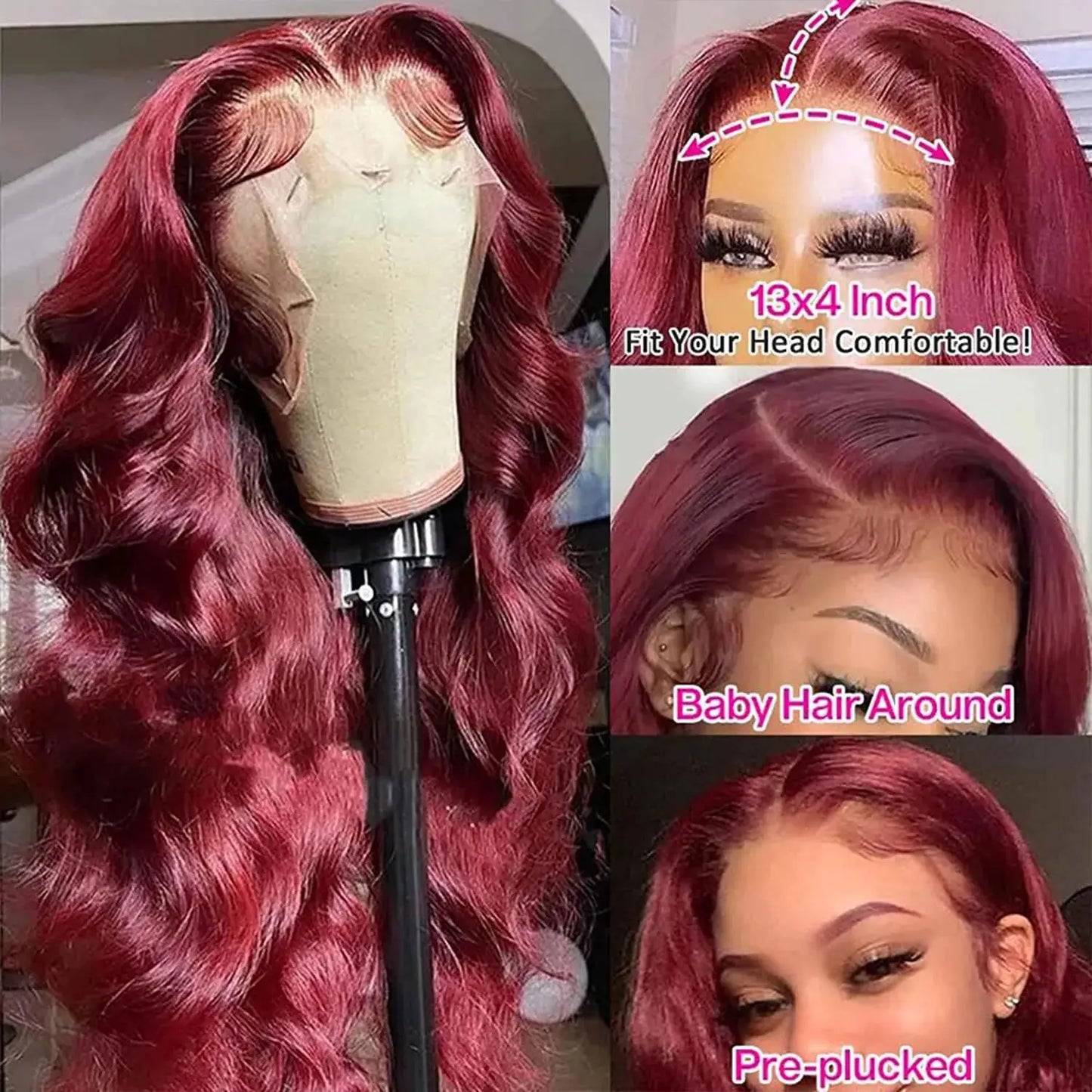 99J Burgundy Body Wave Lace Front Human Hair Wig – 200% Density, 13x4 / 13x6 HD Transparent Lace