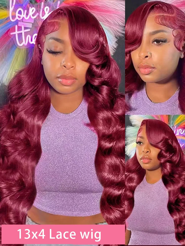 99J Burgundy Body Wave Lace Front Human Hair Wig – 200% Density, 13x4 / 13x6 HD Transparent Lace