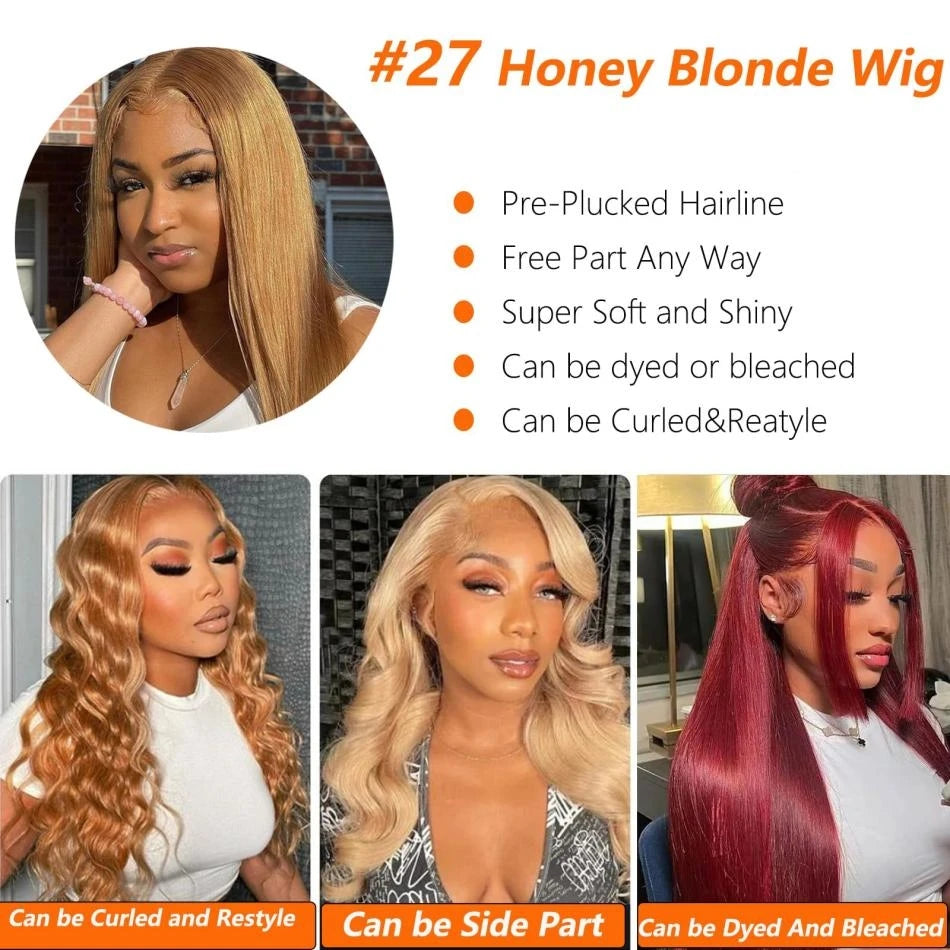 #27 Honey Blonde Straight HD Lace Front Human Hair Wig | Transparent Lace 13x6 / 13x4 Pre-Plucked (30–34 Inch)