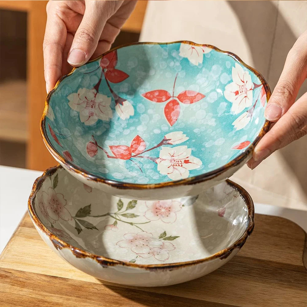 Japanese Floral Ceramic Plates – Handcrafted Round Deep Dinner Dishes for Home, Café & Restaurant Use