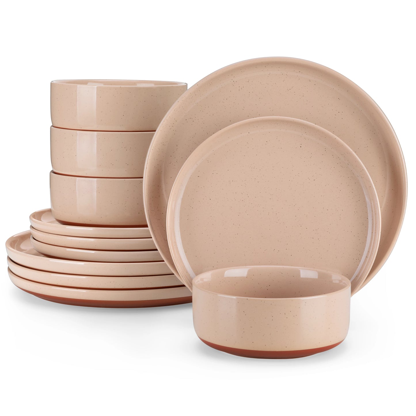 MALACASA TARA 12/24-Piece Stoneware Dinnerware Set – Curved Edge Sesame Glaze Plates & Bowls for 4/6 Person Dining