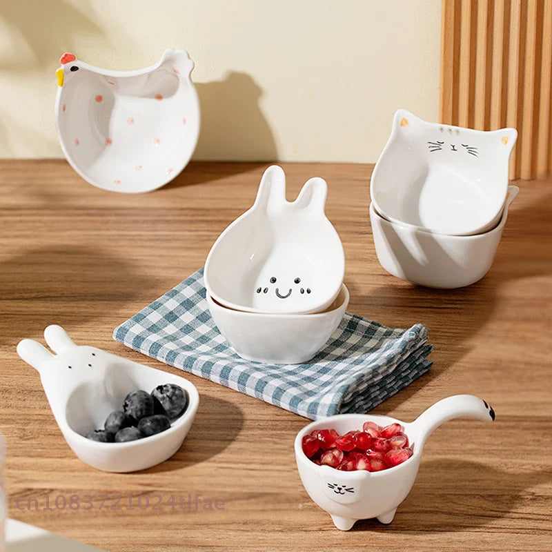 Cute Ceramic Mixing Dish with Handle – Bunny & Cat Dipping Bowl for Snacks & Sushi