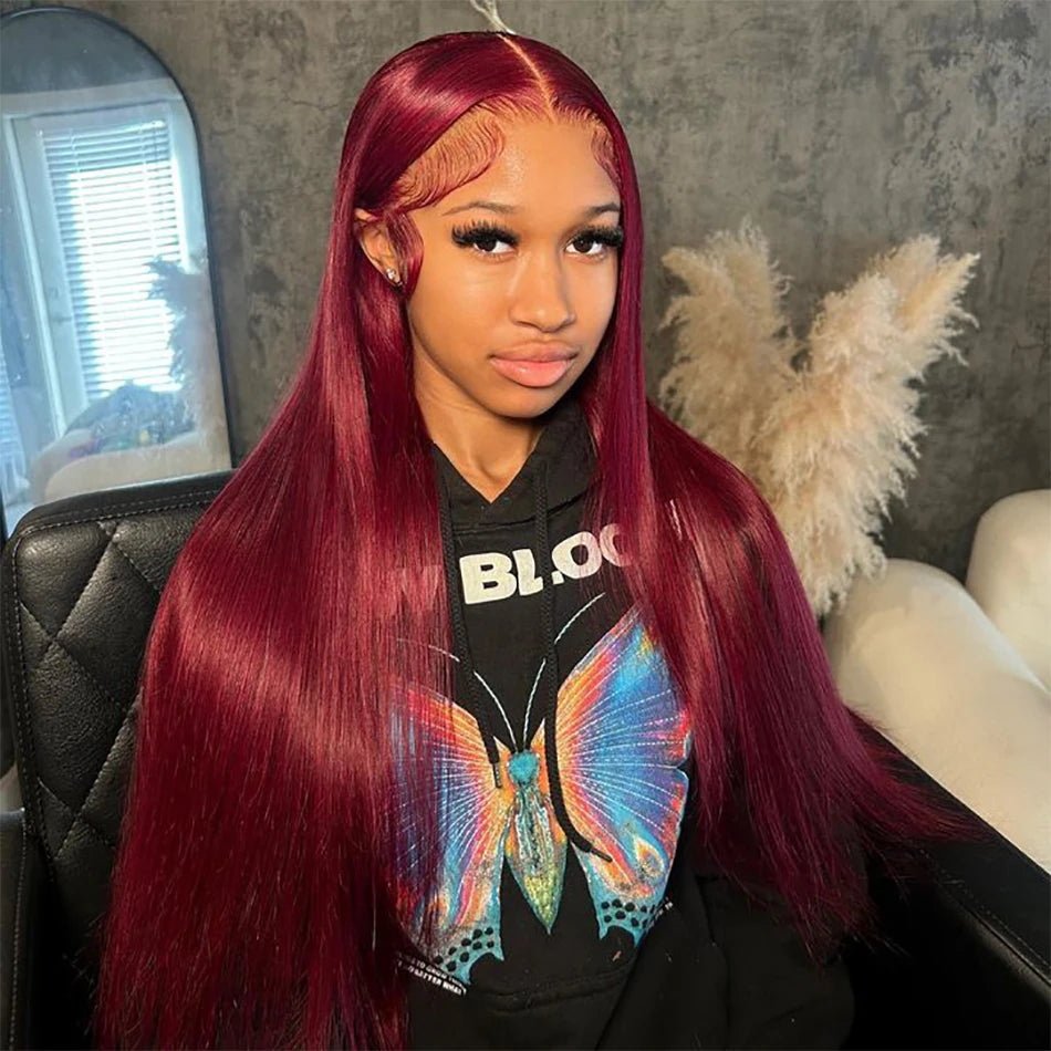 99J Burgundy 13x6 HD Lace Front Straight Wig – Premium Red Peruvian Human Hair
